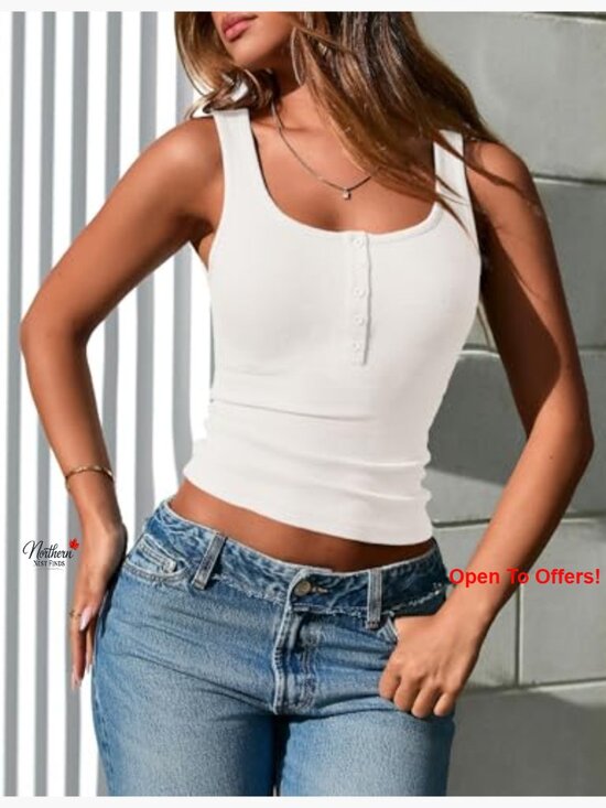 Ribbed Knit Slim Fit Henley Tank Top, 95% Rayon 5% Elastane - Picture 5 of 7